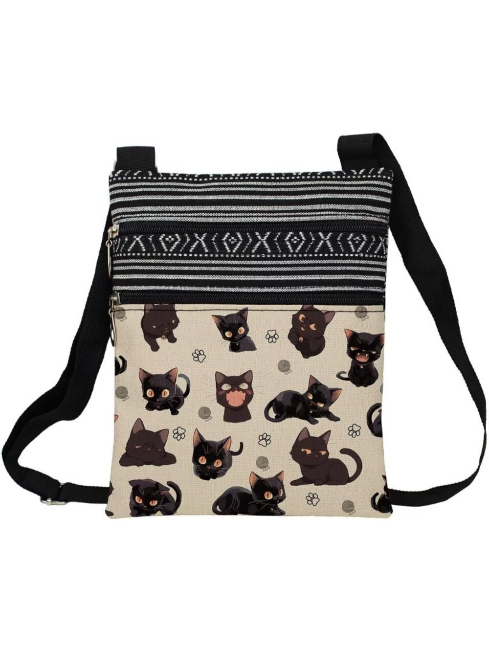 Women Cartoon Black Cat Cute Kitten Purse Lover Gift Zipper Crossbody Bag